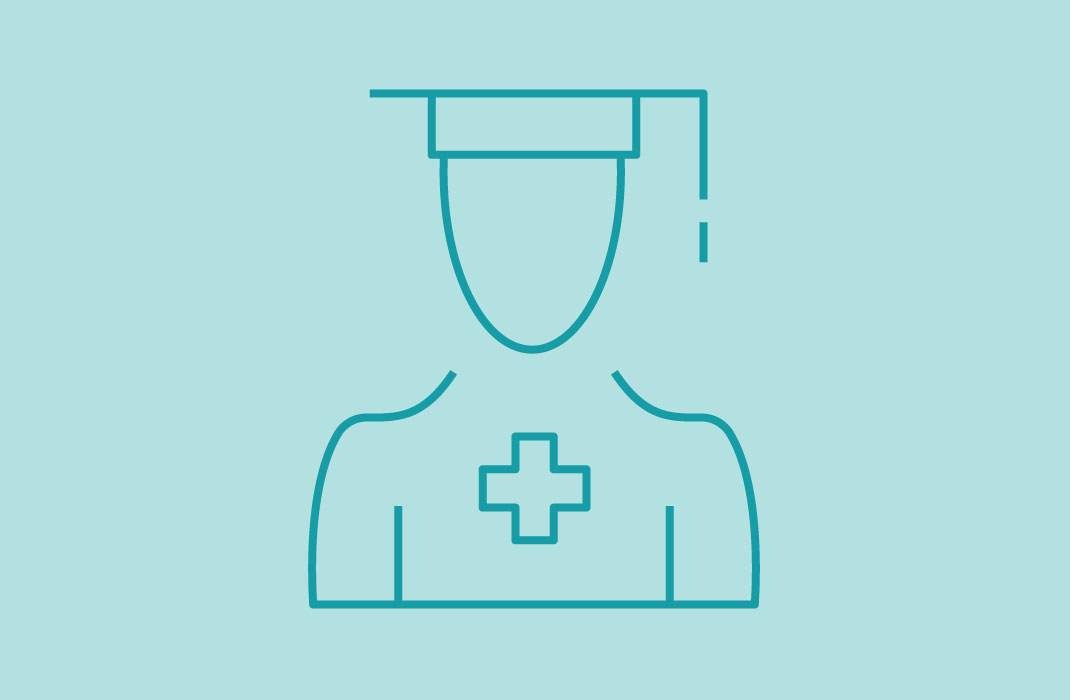 Line drawing of a graduate with a medical cross on their chest.