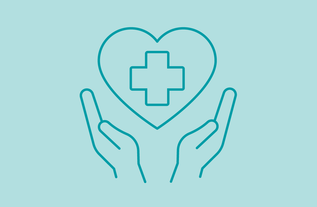 line illustration of two hands lifting up a heart with the health cross sign on it