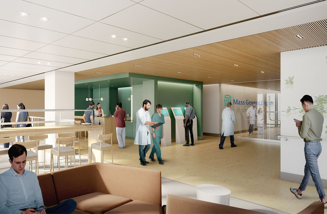 Rendering of new cancer treatment area at Mass General Brigham.