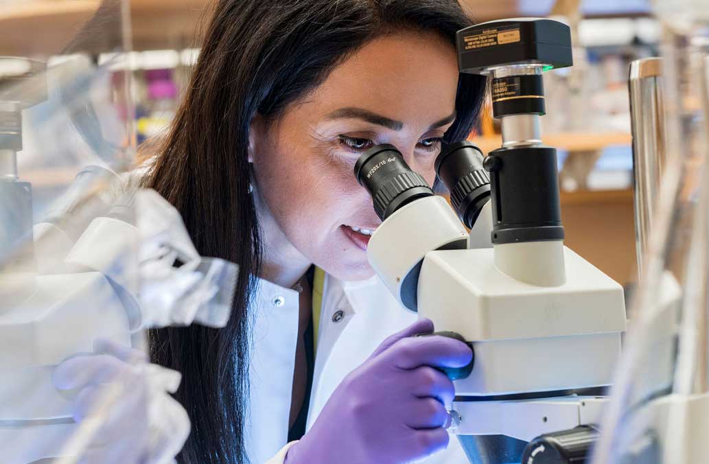 A female scientist peers into a microscope.