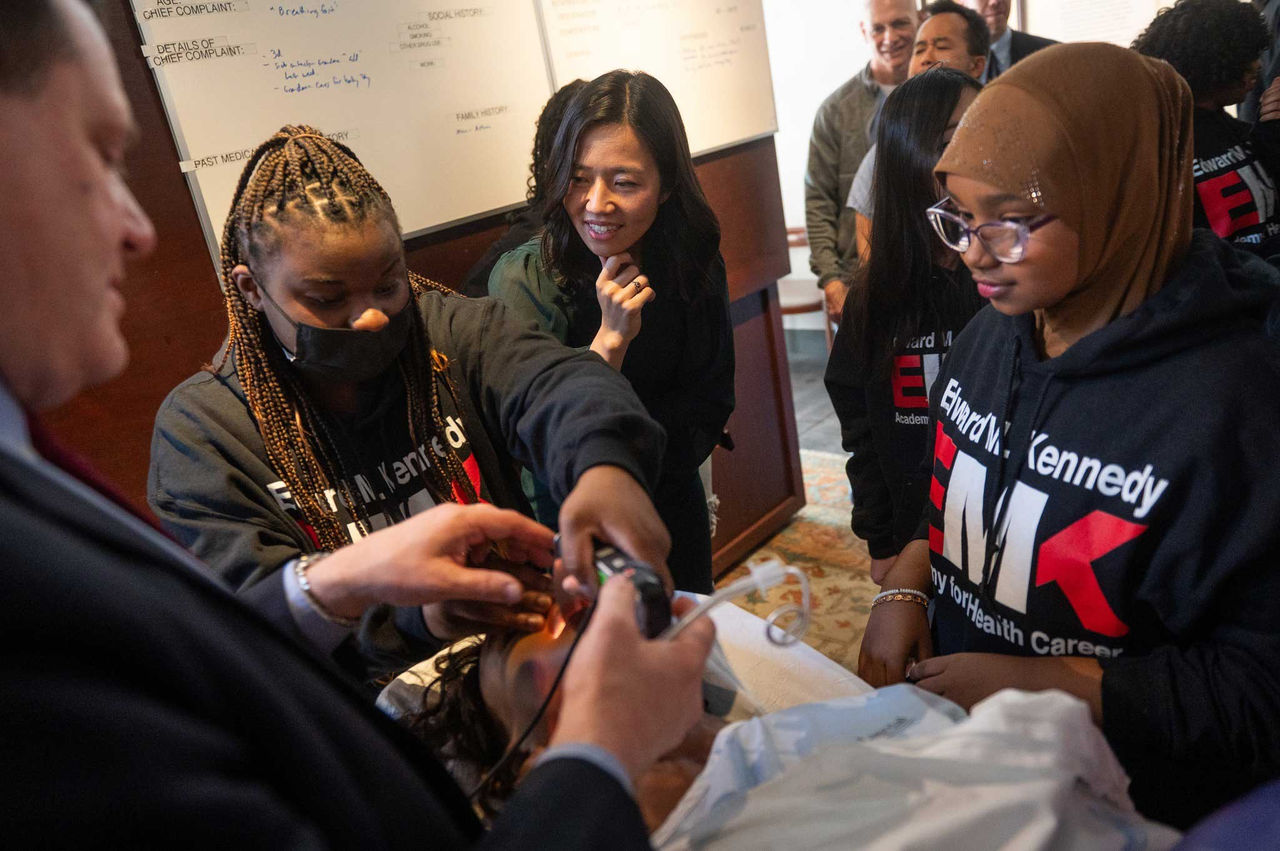 Boston Mayor Michelle Wu with Boston Public School students at the Edward M Kennedy Academy.