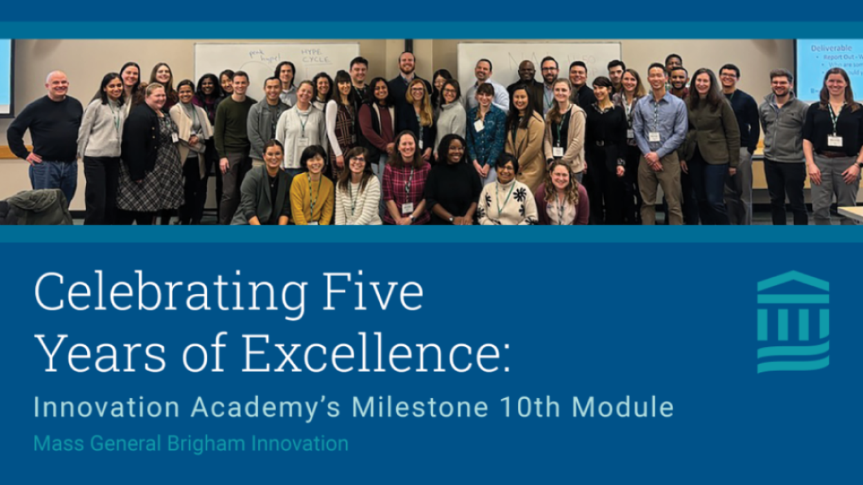Photo of a group of people with text that reads "Celebrating Five Years of Excellence: Innovation Academy's Milestone 10th Module"
