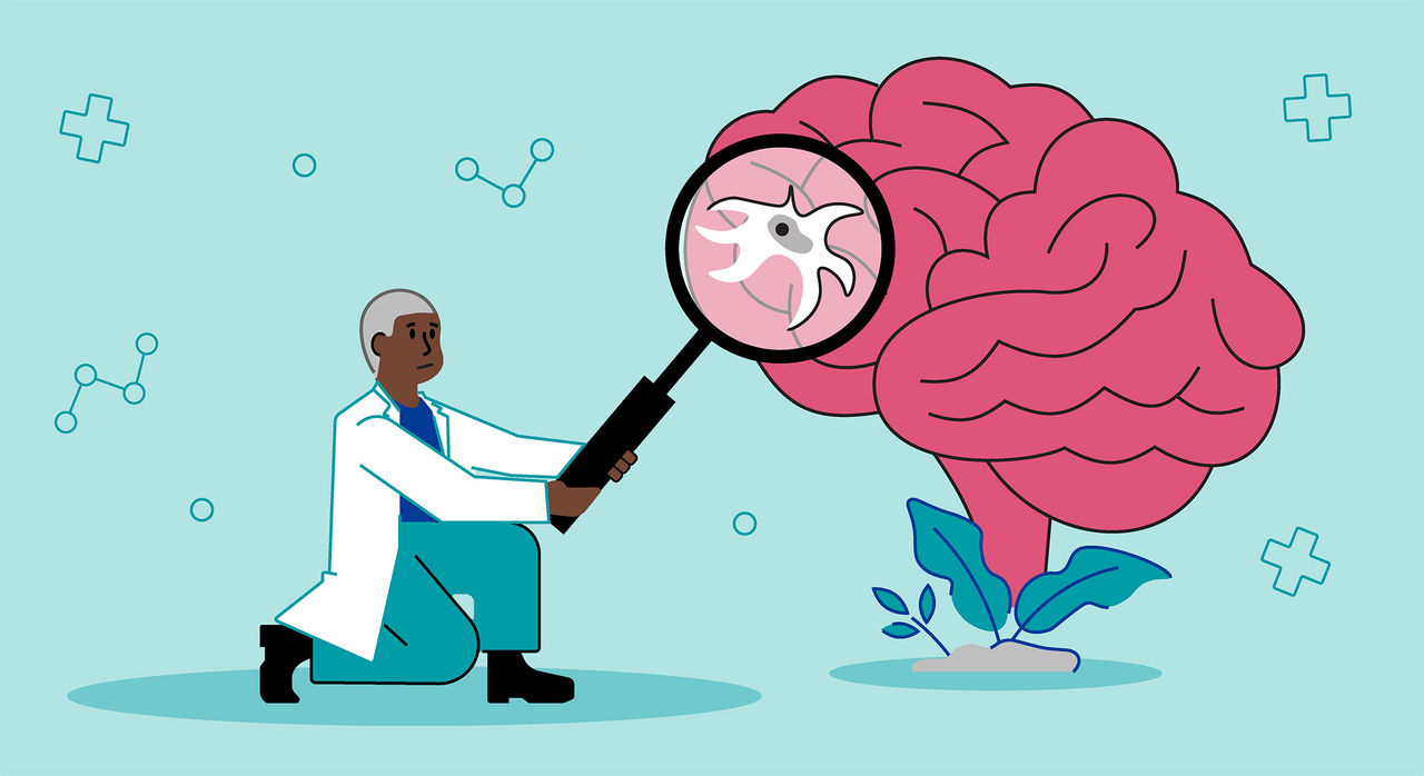 Cartoon of a researcher holding up a magnifying glass to examine a tumor cell on the surface of an enormous brain.