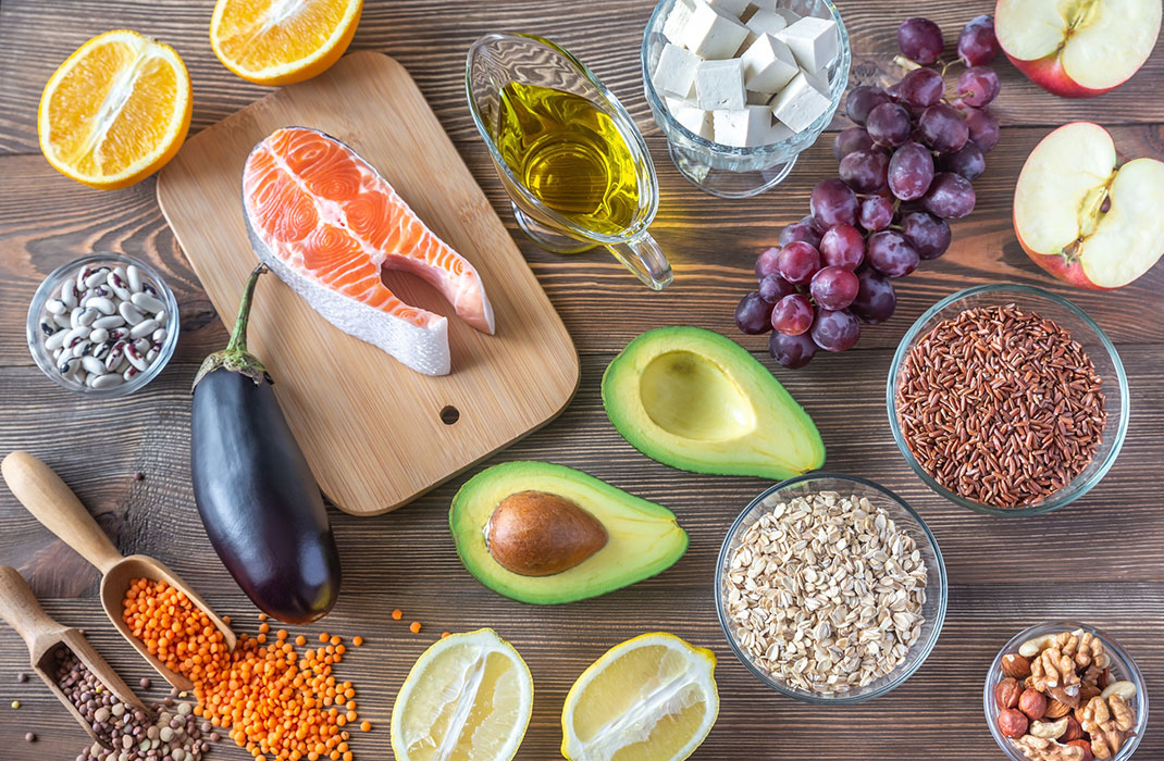 Foods like salmon, healthy oils, and nuts are good for heart health.