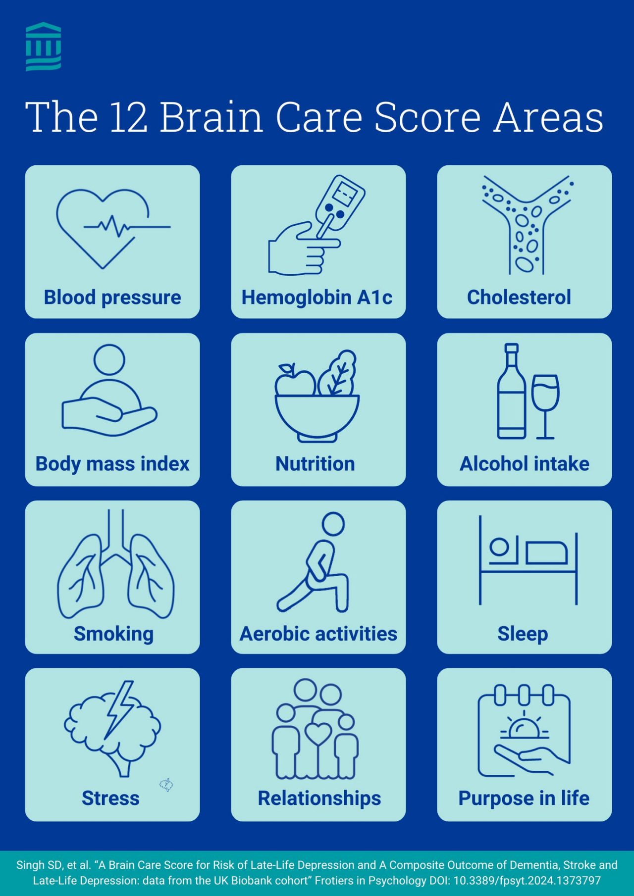 Infographic illustrating the 12 Brain Care Score areas: blood pressure, hemoglobin A1C, cholesterol, body mass index (BMI), nutrition, alcohol intake, smoking, physical activity, sleep, stress, relationships, and life purpose.