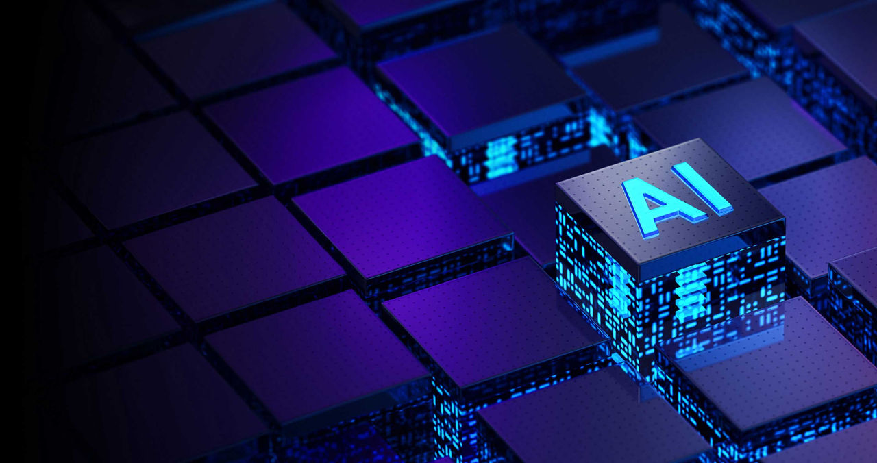 Futuristic floating blue cube with AI written on the top in glowing blue letters.